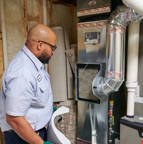 Technician inspecting a residential furnace and filter compartment