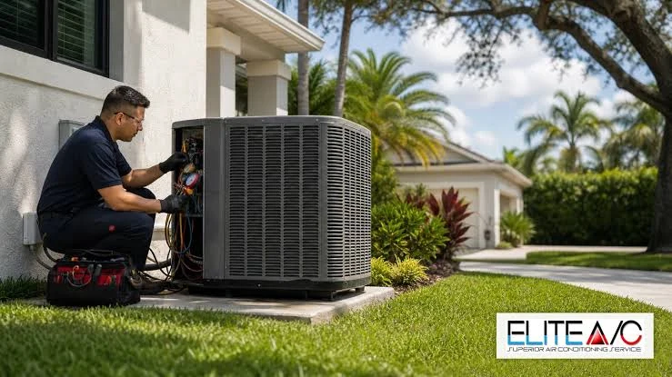 Technician servicing an outdoor air conditioner beside a home; photo includes Elite AC branding